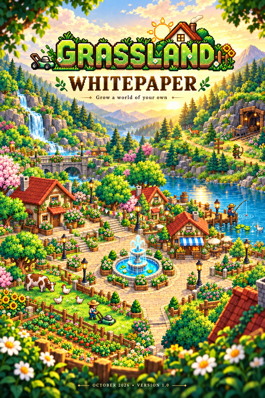 Grassland whitepaper cover: a sunlit pixel-art farming village